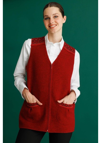 Kadın V Yaka Önü Keçe Fermuarlı Kısa Yün Yelek Y.kırmızı fiyatları