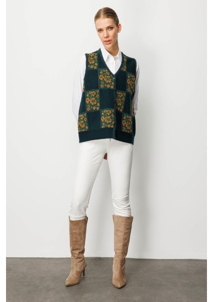 Kadın Pıtırcık Çiçekli Patchwork Keçe Yün Yelek Yeşil_taba fiyatları