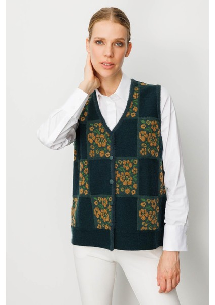 Kadın Pıtırcık Çiçekli Patchwork Keçe Yün Yelek Yeşil_taba fırsatları