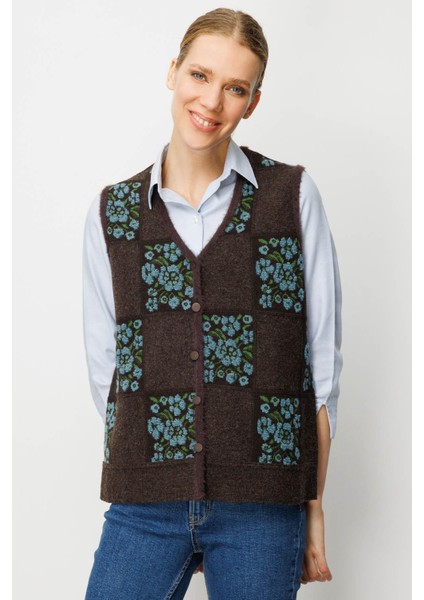 Kadın Pıtırcık Çiçekli Patchwork Keçe Yün Yelek K.kahve_m.yeşil