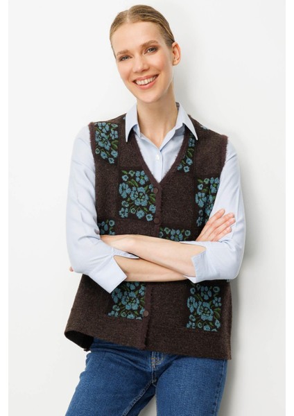 Kadın Pıtırcık Çiçekli Patchwork Keçe Yün Yelek K.kahve_m.yeşil fiyatları