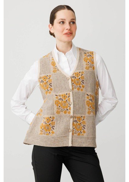 Kadın Pıtırcık Çiçekli Patchwork Keçe Yün Yelek Bej_hardal fiyatları