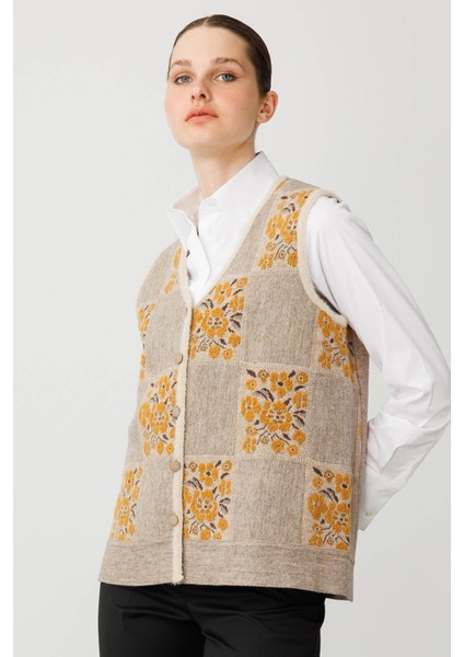Kadın Pıtırcık Çiçekli Patchwork Keçe Yün Yelek Bej_hardal fırsatları