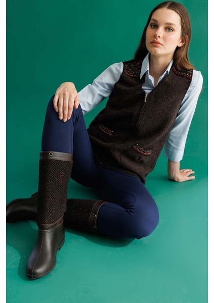 Kadın V Yaka Önü Keçe Fermuarlı Kısa Yün Yelek K.kahve modelleri