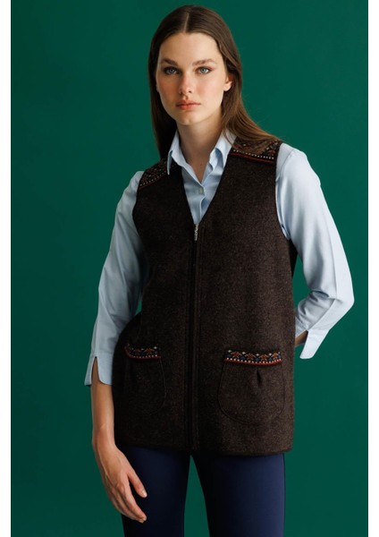 Kadın V Yaka Önü Keçe Fermuarlı Kısa Yün Yelek K.kahve indirimleri
