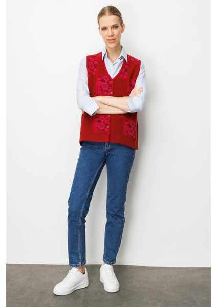 Kadın Pıtırcık Çiçekli Patchwork Keçe Yün Yelek Y.kırmızı_sıklamen fırsatları