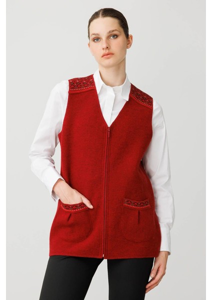 Kadın V Yaka Önü Keçe Fermuarlı Kısa Yün Yelek Y.kırmızı modelleri