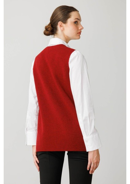 Kadın V Yaka Önü Keçe Fermuarlı Kısa Yün Yelek Y.kırmızı fırsatları