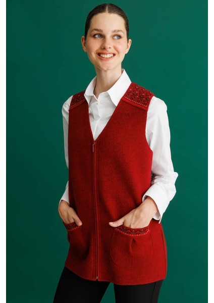 Kadın V Yaka Önü Keçe Fermuarlı Kısa Yün Yelek Y.kırmızı indirimleri