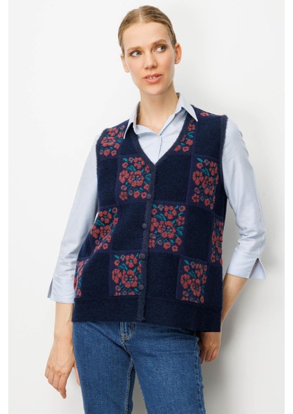 Kadın Pıtırcık Çiçekli Patchwork Keçe Yün Yelek K.g Kurusu