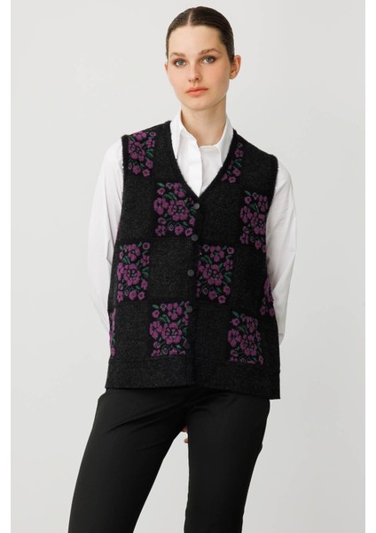 Kadın Pıtırcık Çiçekli Patchwork Keçe Yün Yelek Siyah_a.mor