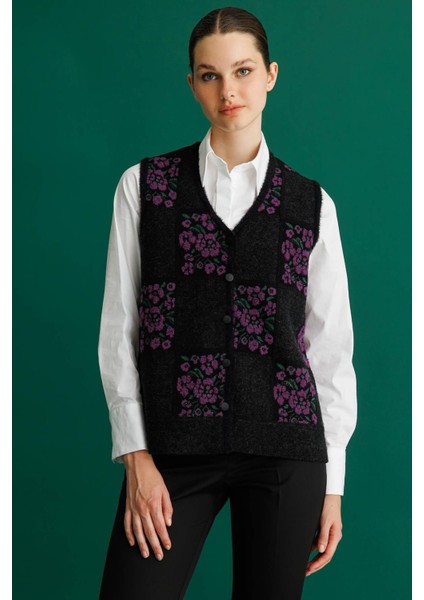 Kadın Pıtırcık Çiçekli Patchwork Keçe Yün Yelek Siyah_a.mor fiyatları