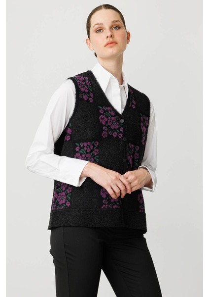 Kadın Pıtırcık Çiçekli Patchwork Keçe Yün Yelek Siyah_a.mor fırsatları