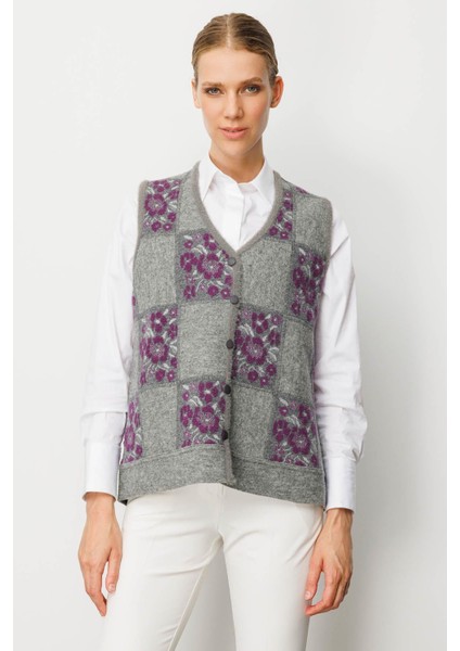 Kadın Pıtırcık Çiçekli Patchwork Keçe Yün Yelek Y.füme_a.mor