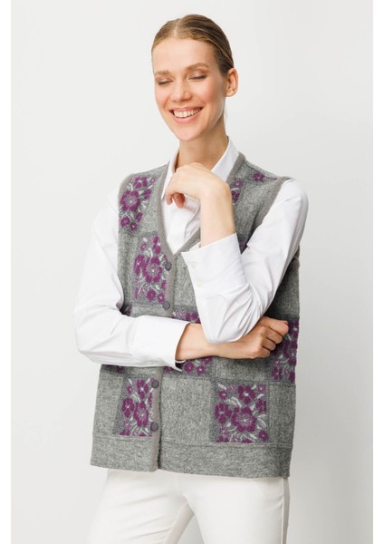 Kadın Pıtırcık Çiçekli Patchwork Keçe Yün Yelek Y.füme_a.mor fırsatları