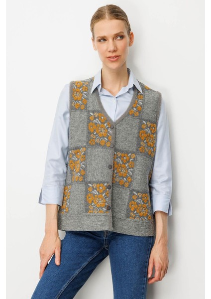 Kadın Pıtırcık Çiçekli Patchwork Keçe Yün Yelek Y.füme_hardal fiyatları