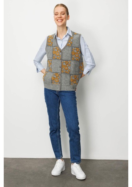Kadın Pıtırcık Çiçekli Patchwork Keçe Yün Yelek Y.füme_hardal indirimleri