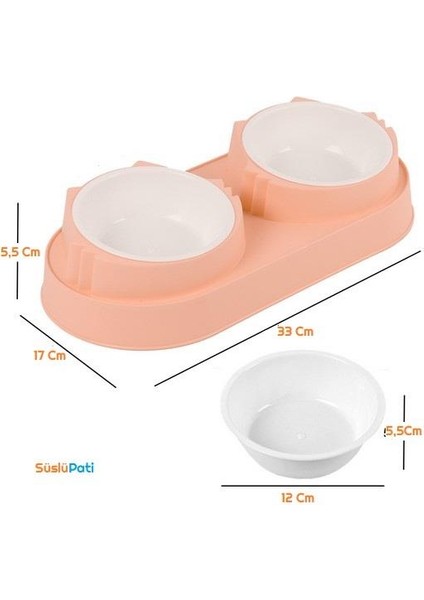 Süslüpati Yükseltilmiş Eğimli 2li Kedi Köpek Mama ve Su Kabı - Çiftli Mama Kabı Pembe modelleri