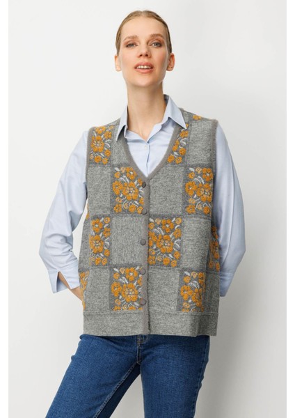 Kadın Pıtırcık Çiçekli Patchwork Keçe Yün Yelek Y.füme_hardal fırsatları