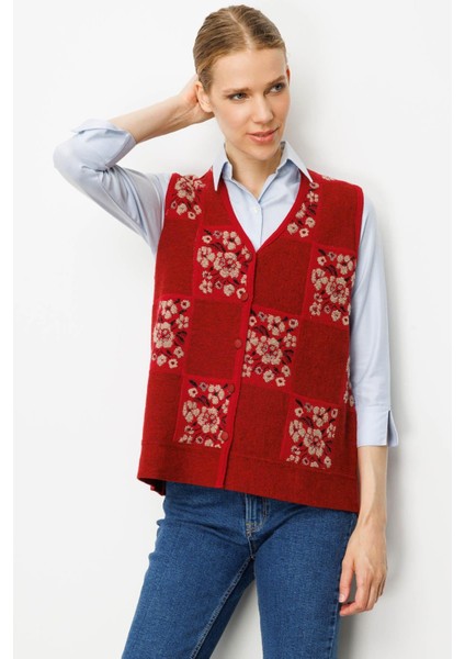 Kadın Pıtırcık Çiçekli Patchwork Keçe Yün Yelek Y.kırmızı_bej