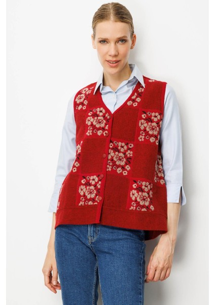 Kadın Pıtırcık Çiçekli Patchwork Keçe Yün Yelek Y.kırmızı_bej fiyatları