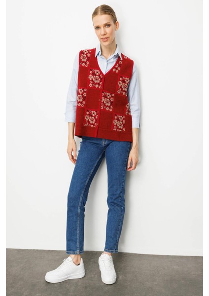 Kadın Pıtırcık Çiçekli Patchwork Keçe Yün Yelek Y.kırmızı_bej fırsatları