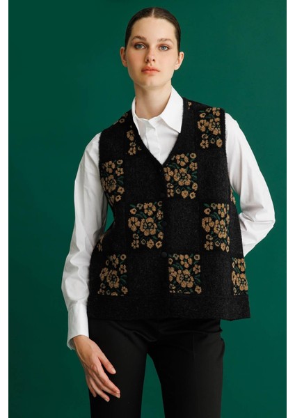 Kadın Pıtırcık Çiçekli Patchwork Keçe Yün Yelek Siyah_v.camel fiyatları