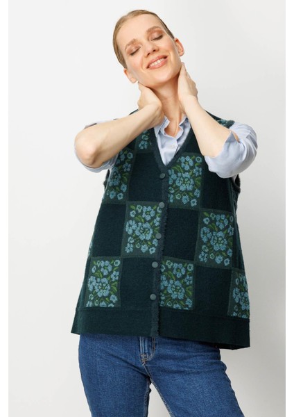 Kadın Pıtırcık Çiçekli Patchwork Keçe Yün Yelek Yeşil_m.yeşili