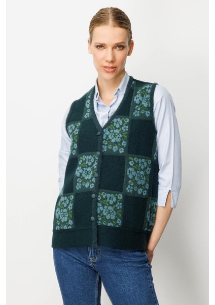 Kadın Pıtırcık Çiçekli Patchwork Keçe Yün Yelek Yeşil_m.yeşili fırsatları