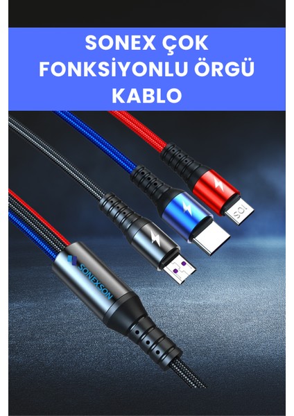 3'ü 1 Arada Hızlı Şarj Kablosu – Type-C, Micro Usb, Lightning – Örgü Kablo