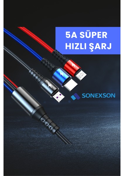 3'ü 1 Arada Hızlı Şarj Kablosu – Type-C, Micro Usb, Lightning – Örgü Kablo indirimleri