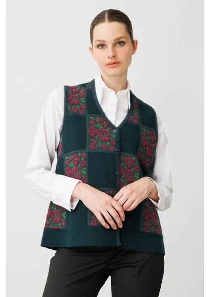 Kadın Pıtırcık Çiçekli Patchwork Keçe Yün Yelek Yeşil_mürdüm