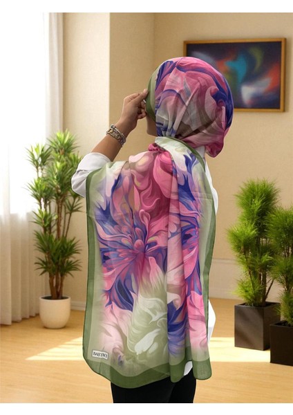 2025 Yaz Sezonu 0350 Çiçek Desen Çam Yeşili Şal