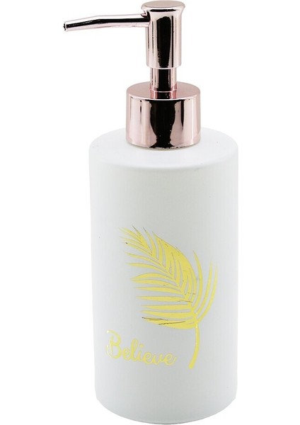 Cam Yuvarlak - Beyaz Şişe--Gold Yaprak Desen Sıvı Sabunluk 350ML Bronz Plastik Pompa (5232)