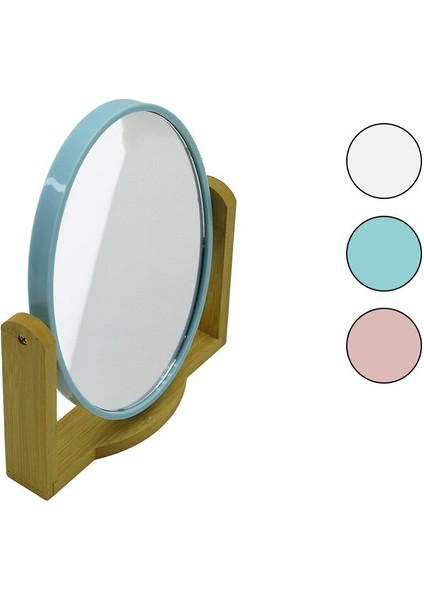 Oval 8 Inç= 20.5X15.5CM Ahşap Bambu Ayaklı Makyaj Aynası Çift Taraflı Renkli Plastik Çerçeve (5232)
