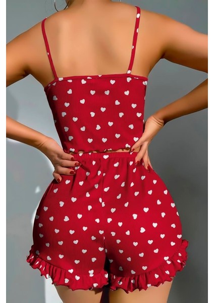 Pamuklu Kırmızı Üstüne Beyaz Kalp Desen Fitilli Askılı Şortlu Pijama Takımı modelleri