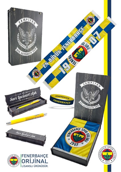 Orijinal Lisanslı En Büyük Fenerbahçe Saten Şal Atkı + Uçlu Kalem + Bileklik Set Hediyelik Ahşap Kutulu
