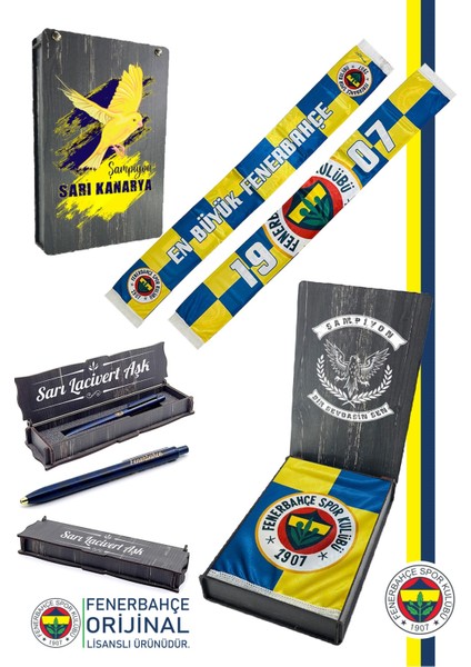 Orijinal Lisanslı En Büyük Fenerbahçe Saten Şal Atkı + Uçlu Kalem Set Hediyelik Ahşap Kutulu