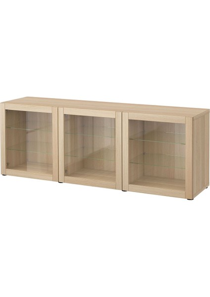 Dolap Kombinasyonu, Ağartılmış Meşe Görünümlü-Beyaz Meşe Görünümlü-Şeffaf Cam, 180X42X65 Cm, Sındvık