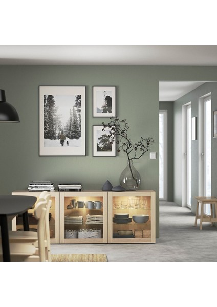 Dolap Kombinasyonu, Ağartılmış Meşe Görünümlü-Beyaz Meşe Görünümlü-Şeffaf Cam, 180X42X65 Cm, Sındvık modelleri