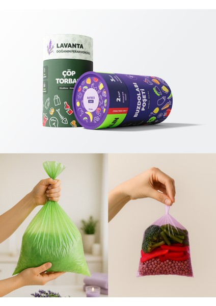 2'li Paket Renkli Premium Buzdolabı Poşeti 70 Adet (Orta Boy) + Kokulu Premium Çöp Torbası 50 Adet (Orta Boy)