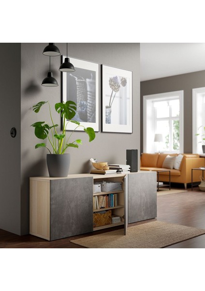 Dolap Kombinasyonu, Ağartılmış Meşe Görünümlü-Koyu Gri Taş Görünümlü, 180X42X65 Cm, Kallvıken fiyatları