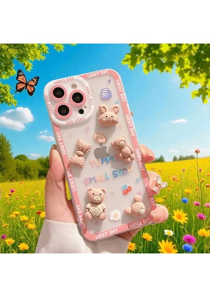 iPhone 14 Pro Max Uyumlu Zebana Sevimli 3 Boyutlu Tavşan ve Ayıcık Figürlü Esnek Silikon Kılıf