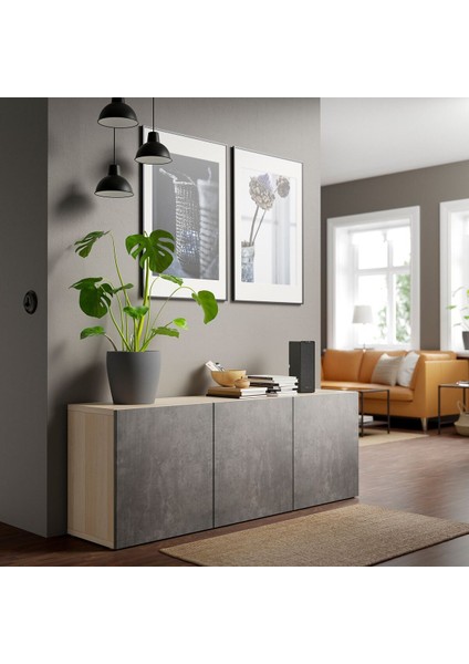 Dolap Kombinasyonu, Ağartılmış Meşe Görünümlü-Koyu Gri Taş Görünümlü, 180X42X65 Cm, Kallvıken modelleri