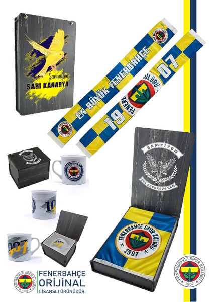 Orijinal Lisanslı En Büyük Fenerbahçe Şal Atkı Seramik Kupa Set Kanarya Baskılı Ahşap Kutulu