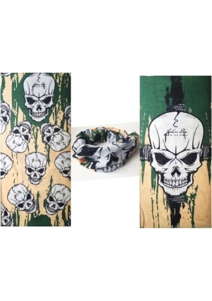 Haki Kuru Kafa Desenli Çok Renkli Bandana 25X48 Cm, Şık ve Rahat Kullanım Sağlar. fiyatları