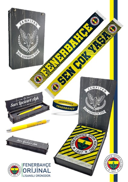 Orijinal Lisanslı Sen Çok Yaşa Fenerbahçe Saten Şal Atkı + Uçlu Kalem + Bileklik Set Hediyelik Ahşap Kutulu