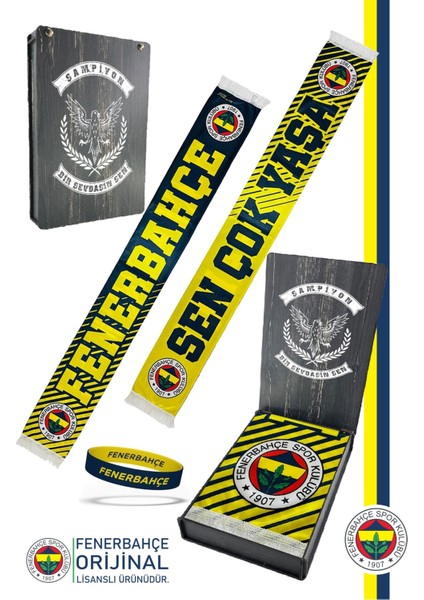 Orijinal Lisanslı Sen Çok Yaşa Fenerbahçe Şal Atkı ve Bileklik Set Kanarya Baskılı Ahşap Kutulu