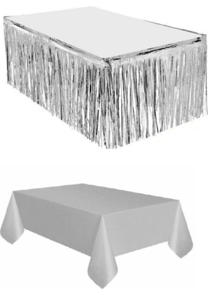 Parlak Gümüş Plastik Masa Örtüsü ve Eteği, Şık ve Zarif Masa Dekoru Seti