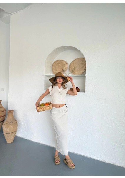 Uzun Etekli Bluz Takım Keten Krem S255852 modelleri